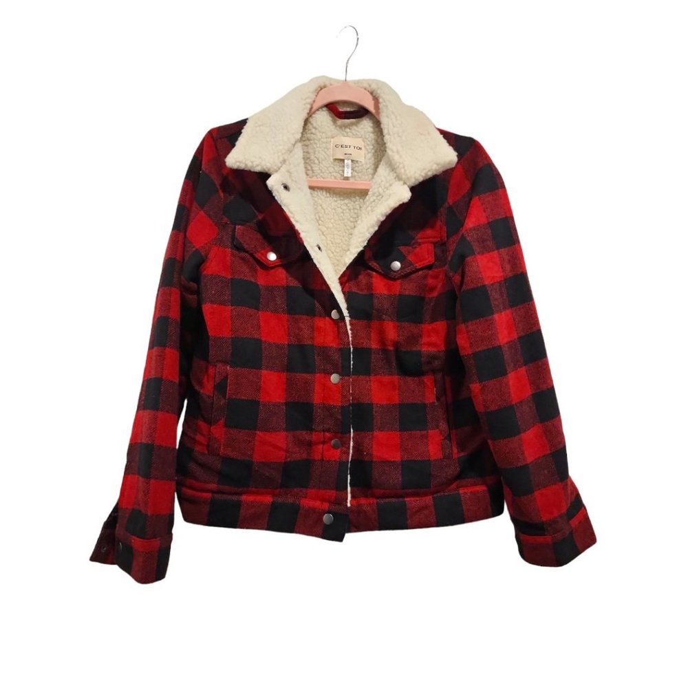 Red and black plaid sherpa jacket